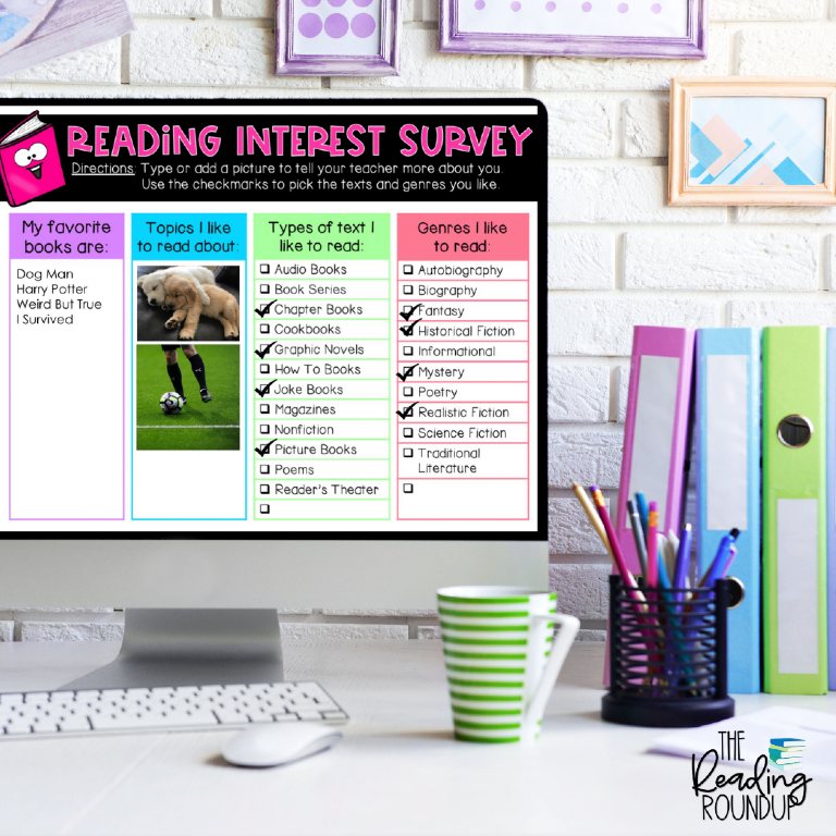 The interactive format of Google Slides and Microsoft Powerpoint versions of the reading surveys allows students to drag icons to select their responses and type in their answers. 