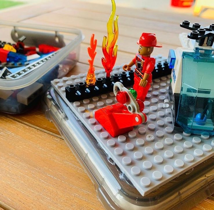 Firefighter scene built using lego blocks to help students practice retelling