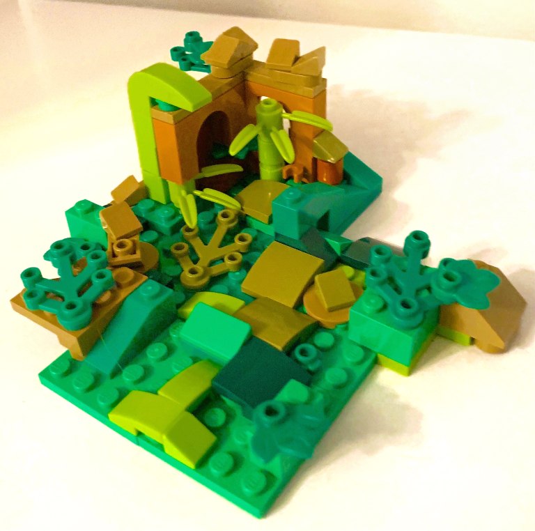 Jungle setting built with legos to use for retelling with building blocks