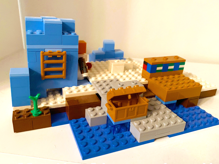 Pirate ship scene built with legos to use for retelling with building blocks
